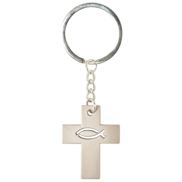 Schlüsselanhänger Kreuz mit ausgelasertem Ichthys-Symbol