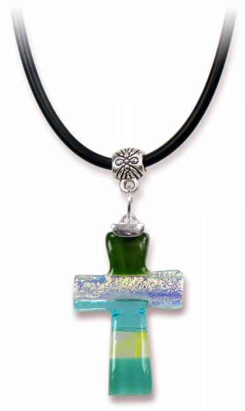 Halskette "Glaskreuz" - grün/türkis/Glitzer
