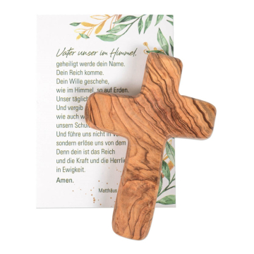 Handschmeichler Olivenholz Kreuz (Vater Unser auf Karte)