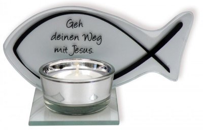 Glas-Teelichthalter im Fischformat "Geh deinen Weg mit Jesus"