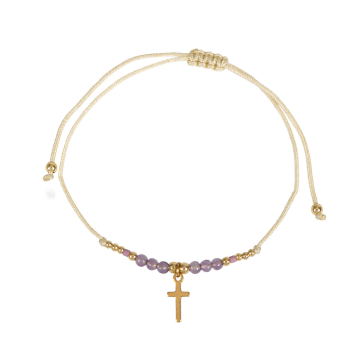 Textil-Armband mit Lila Perlen und Kreuz
