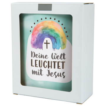 Preview: LED-Dekoleuchte "Deine Welt leuchtet mit Jesus" - Regenbogen