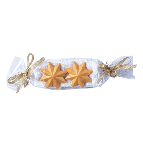 Geschenkset Stern - 2x25g Seife goldfarben, Waschhandschuh weiß