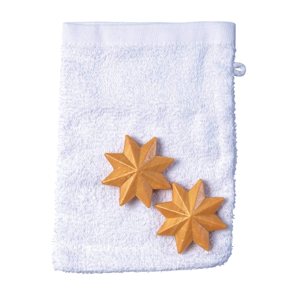 Geschenkset Stern - 2x25g Seife goldfarben, Waschhandschuh weiß