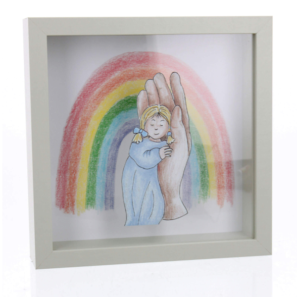 Spardose - Kind in Hand mit Regenbogen