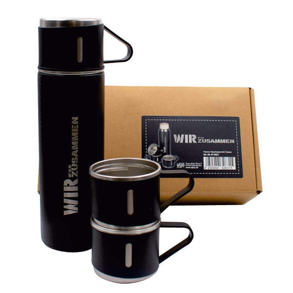 Doppelwandiges Flaschenset mit 3 Tassen "Wir zusammen Mt 18,20"