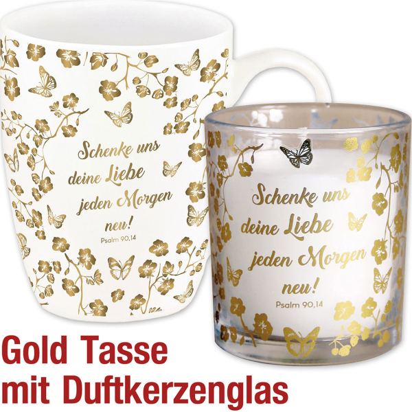 Spar-Set: Tasse und Duftkerze "Schenke uns deine Liebe jeden Morgen neu"