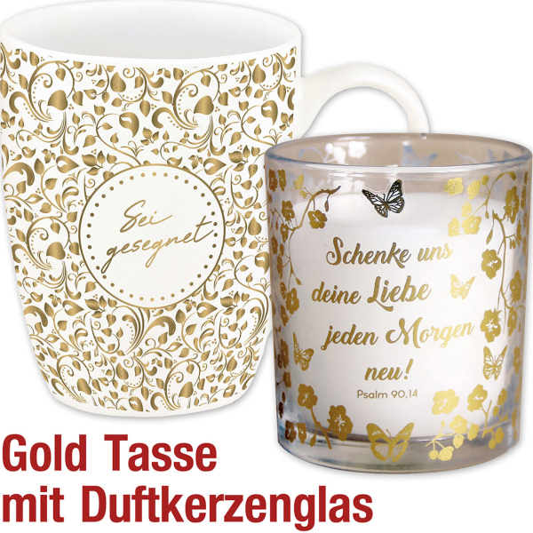 Spar-Set: Tasse und Duftkerze "Sei gesegnet/Schenke uns deine Liebe jeden Morgen neu"