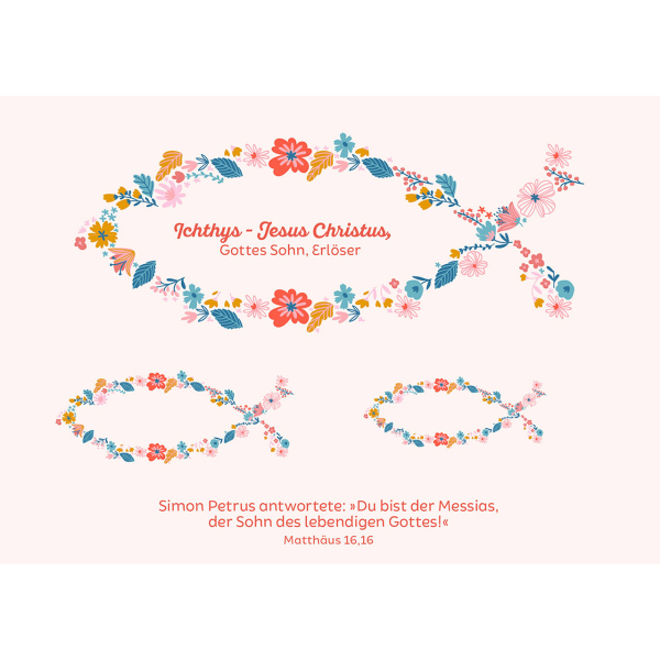 Ichthys-Jesus Christus Fischaufkleber Blumendesign - (4er Set)