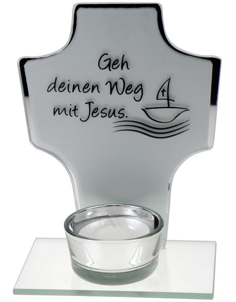 Glas-Teelichthalter im Kreuzformat "Geh deinen Weg mit Jesus"