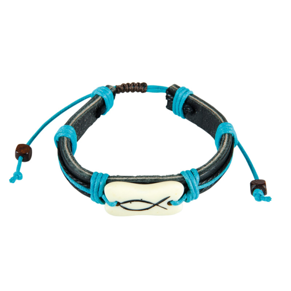 Lederarmband "Fisch" - schwarz/hellblau