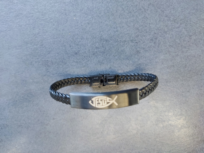 Microfaser-Leder Armband "Jesus/Fisch" mit Edelstahlplatte