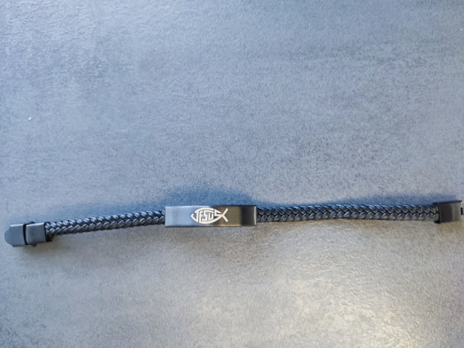 Microfaser-Leder Armband "Jesus/Fisch" mit Edelstahlplatte