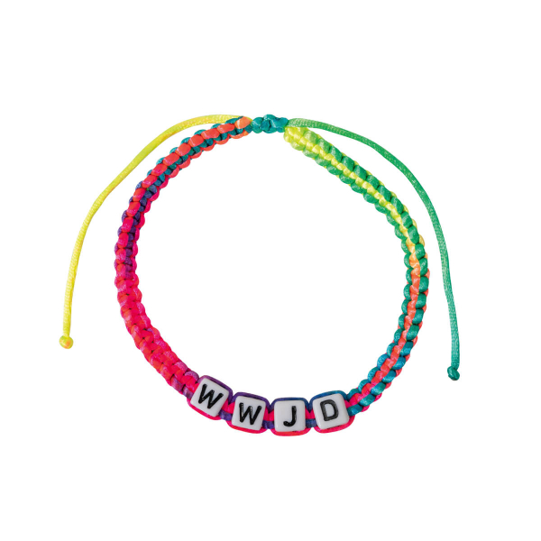 Textil-Armband mit Würfelbuchstaben "WWJD" - Regenbogenfarben