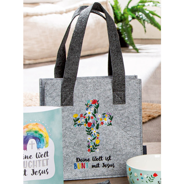 Geschenktasche "Deine Welt ist bunt mit Jesus" - Filz Geschenktasche "Deine Welt ist bunt mit Jesus" - Filz
