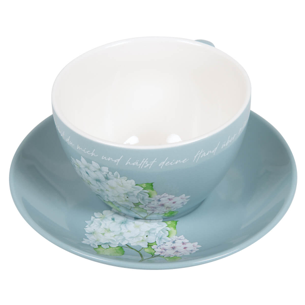 Tasse mit Untertasse "Von allen Seiten umgibst du mich..." Motiv Hortensie