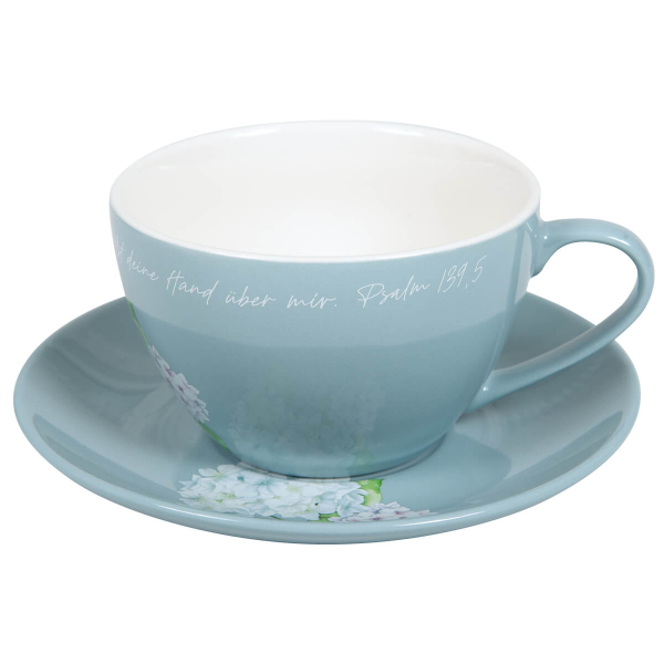 Tasse mit Untertasse "Von allen Seiten umgibst du mich..." Motiv Hortensie